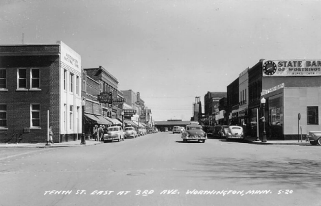 Tenth Street East at 3rd Avenue, Worthington Minnesota, 1940's