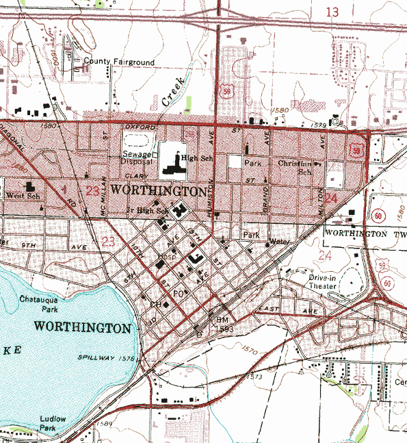 Topographic map of the Worthington Minnesota area