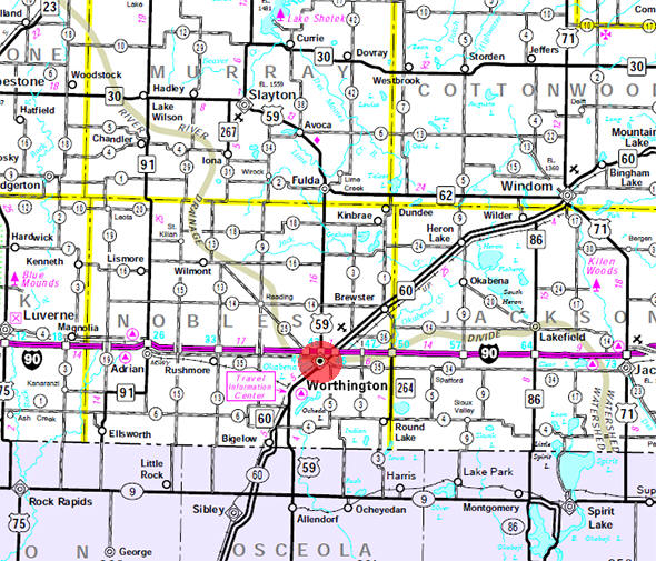 Minnesota State Highway Map of the Worthington Minnesota area
