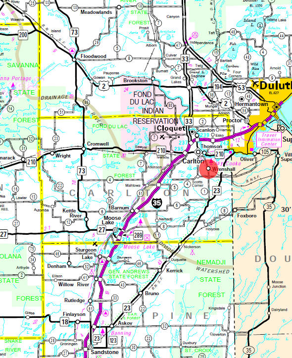 Minnesota State Highway Map of the Wrenshall Minnesota area 