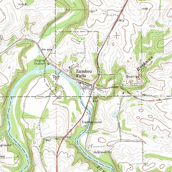 Topographic map of the Zumbro Falls Minnesota area