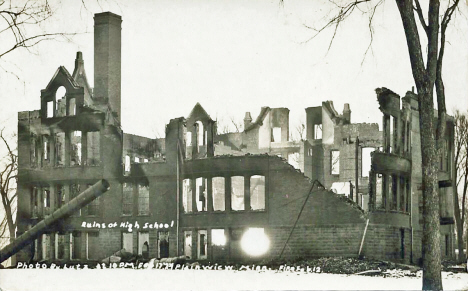 Ruins of Plainview High School after fire, Plainview Minnesota, 1924