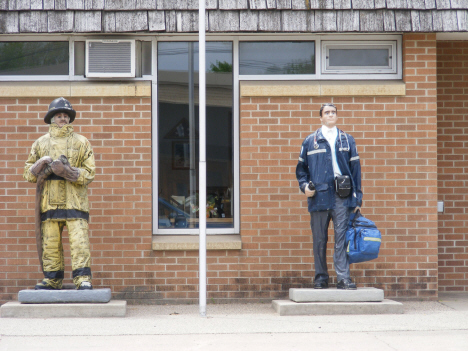 Fireman and Paramedic statues in front of City Hall, Truman Minnesota, 2014