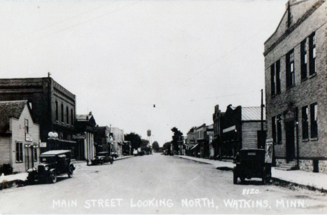 Main Street looking north, Watkins Minnesota, 1930's