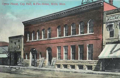 Opera House, City Hall and Fire House, Wells Minnesota, 1908