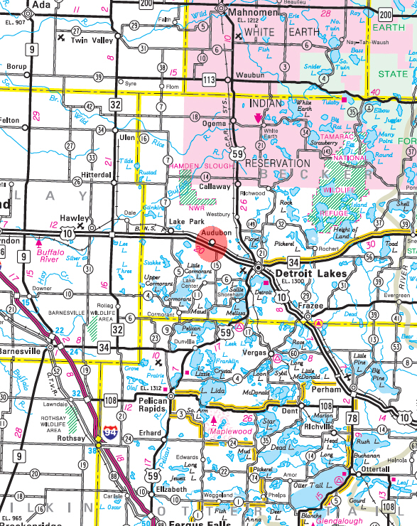 Minnesota State Highway Map of the Audubon Minnesota area 