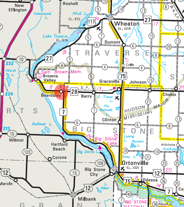 Minnesota State Highway Map of the Beardsley Minnesota area 
