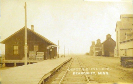 Depot and Elevators, Beardsley Minnesota, 1911