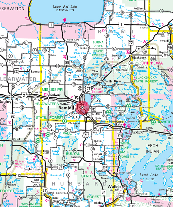 Minnesota State Highway Map of the Bemidji Minnesota area 