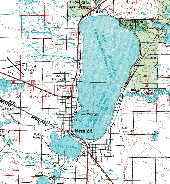 Topographic map of the Bemidji Minnesota area