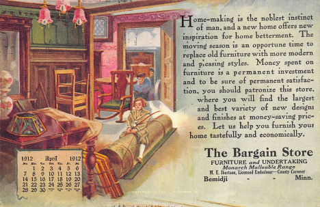 Advertising postcard for The Bargain Store, Bemidji Minnesota, 1912