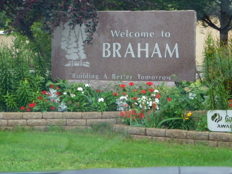 Welcome sign, Braham Minnesota, 2018