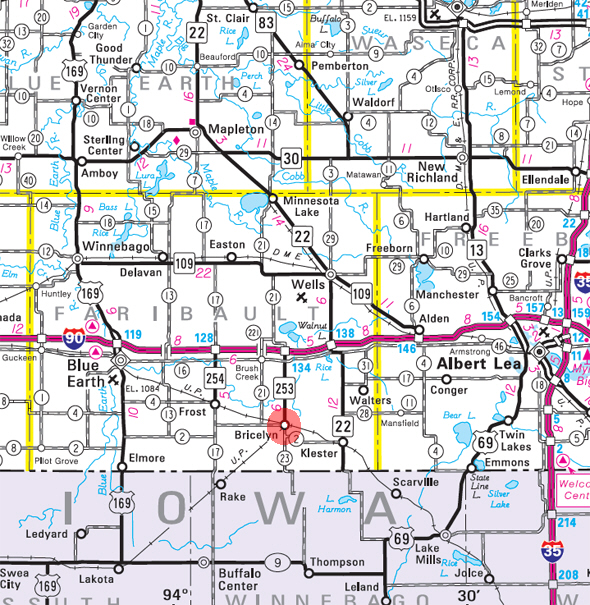 Minnesota State Highway Map of the Bricelyn Minnesota area