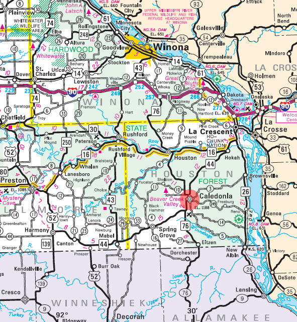 Minnesota State Highway Map of the Caledonia Minnesota area 