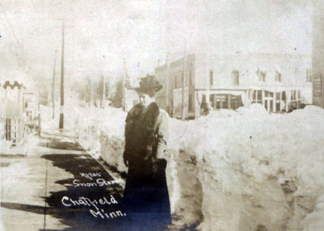 Downtown after snow storm, Chatfield Minnesota, 1907?
