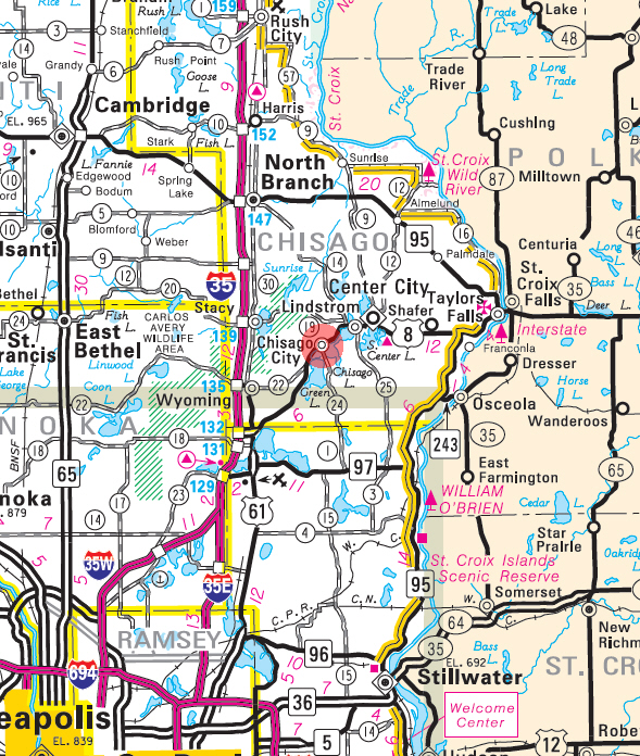 Minnesota State Highway Map of the Chisago City Minnesota area