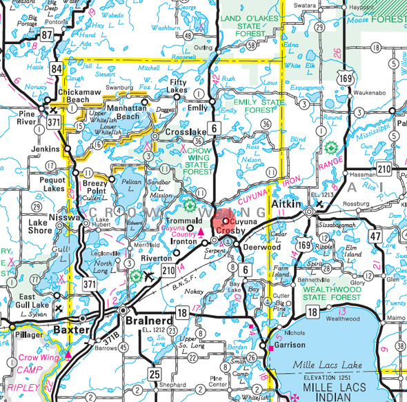 Minnesota State Highway Map of the Cuyuna Minnesota area