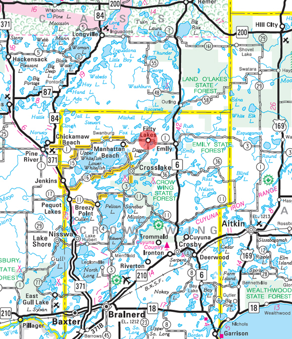Minnesota State Highway Map of the Fifty Lakes Minnesota area