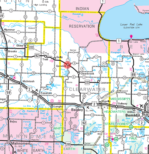 Minnesota State Highway Map of the Gonvick Minnesota area