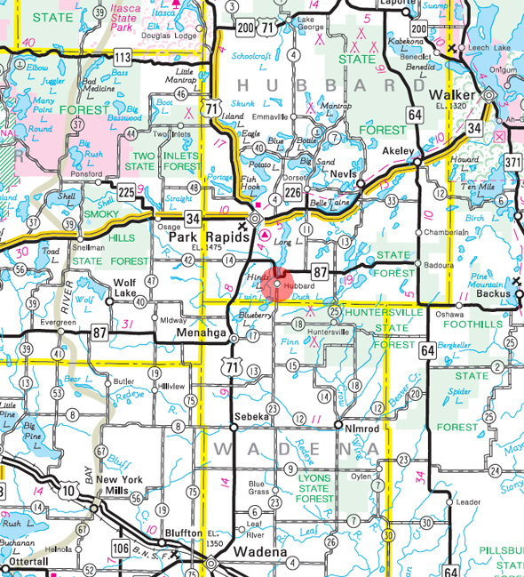 Minnesota State Highway Map of the Hubbard Minnesota area