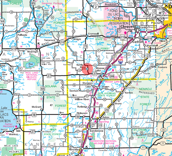 Minnesota State Highway Map of the Kettle River Minnesota area 