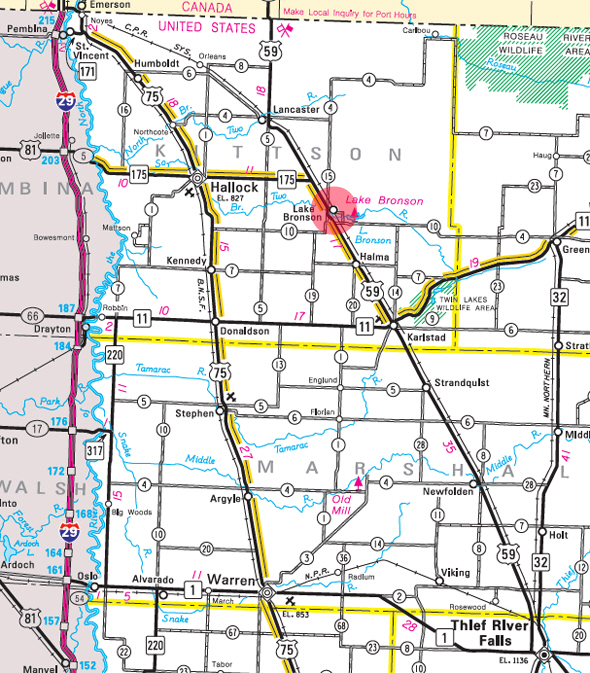 Minnesota State Highway Map of the Lake Bronson Minnesota area 