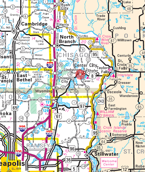 Minnesota State Highway Map of the Lindstrom Minnesota area 