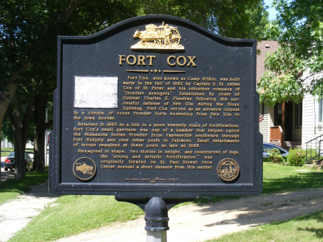 Historical marker at location of Fort Cox, Madelia Minnesota, 2014