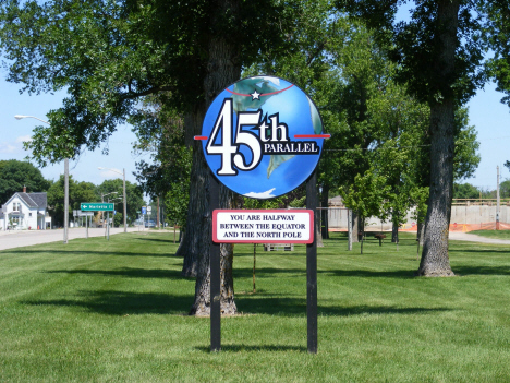 Sign marking location of 45th parallel, Madison Minnesota, 2014