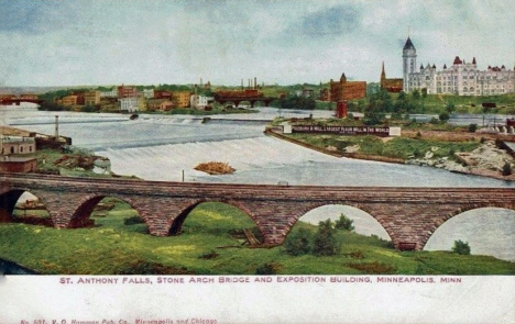 St. Anthony Falls, Stone Arch Bridge and Exposition Hall, Minneapolis Minnesota, 1911
