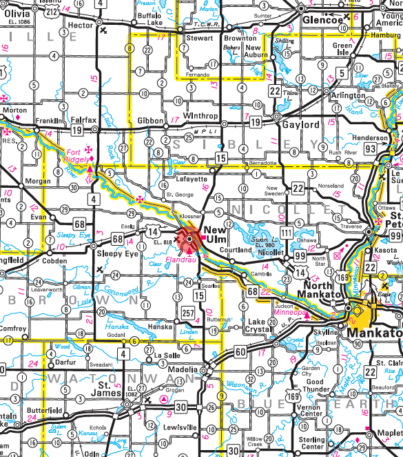 Minnesota State Highway Map of the New Ulm Minnesota area 
