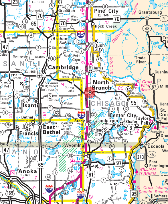 Minnesota State Highway Map of the North Branch Minnesota area 
