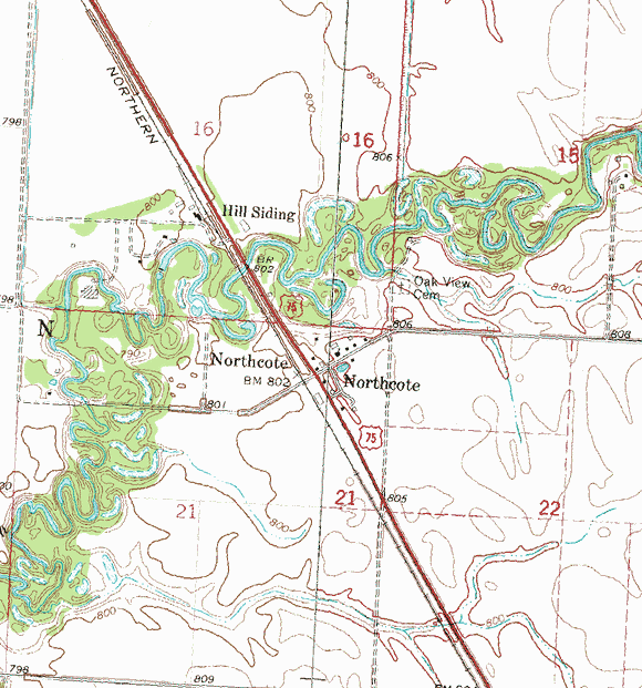 Topographic map of the Northcote Minnesota area