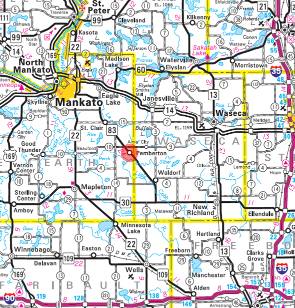 Minnesota State Highway Map of the Pemberton Minnesota area 