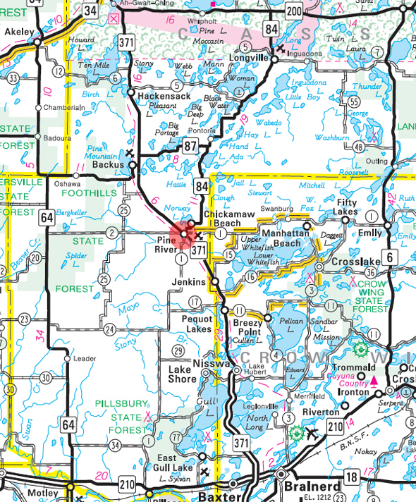 Minnesota State Highway Map of the Pine River Minnesota area 