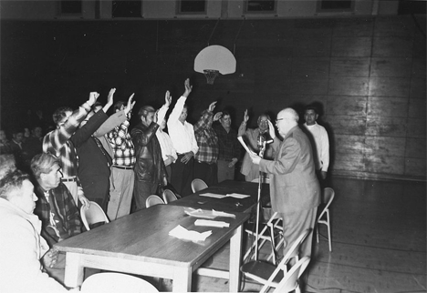 Administering oath of office to new Tribal Council, Red Lake Minnesota, 1959