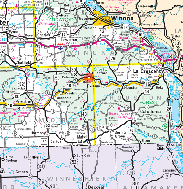 Minnesota State Highway Map of the Rushford Village Minnesota area