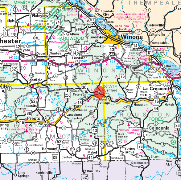 Minnesota State Highway Map of the Rushford Minnesota area 