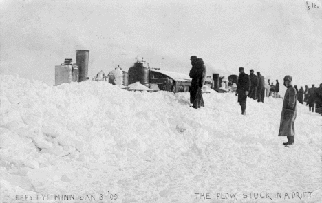 Plow stuck in a snow drift, Sleepy Eye Minnesota, 1909
