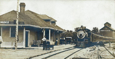 Railroad Depot and Farmers Elevator, St. Peter Minnesota, 1905 