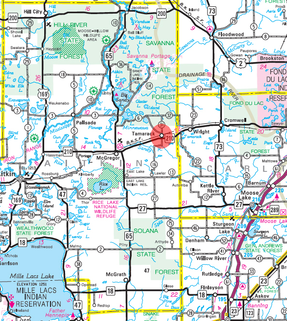 Minnesota State Highway Map of the Tamarack Minnesota area 