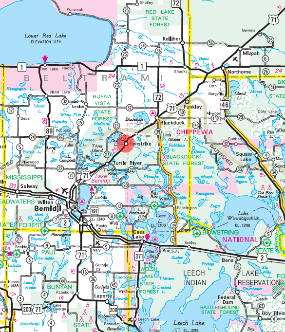 Highway map of the Tenstrike Minnesota area