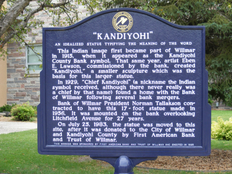 Historical marker for fictional Indian chief Kandiyohi, Willmar Minnesota, 2014