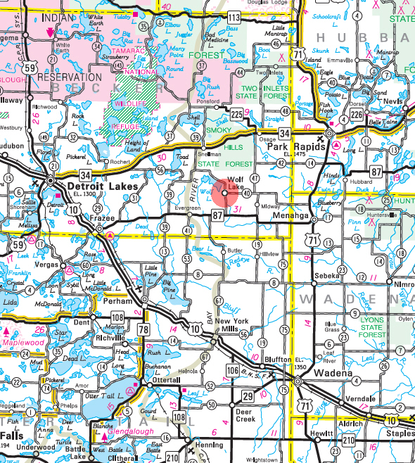 Minnesota State Highway Map of the Wolf Lake Minnesota area 