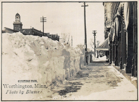 Street scene after winter storm, Worthington Minnesota, 1909