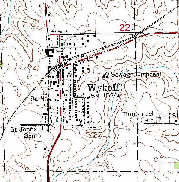 Topographic map of the Wykoff Minnesota area