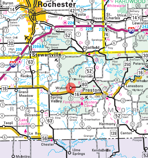 State Highway Map of the Wykoff Minnesota area