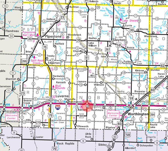 Minnesota State Highway Map of the Adrian Minnesota area