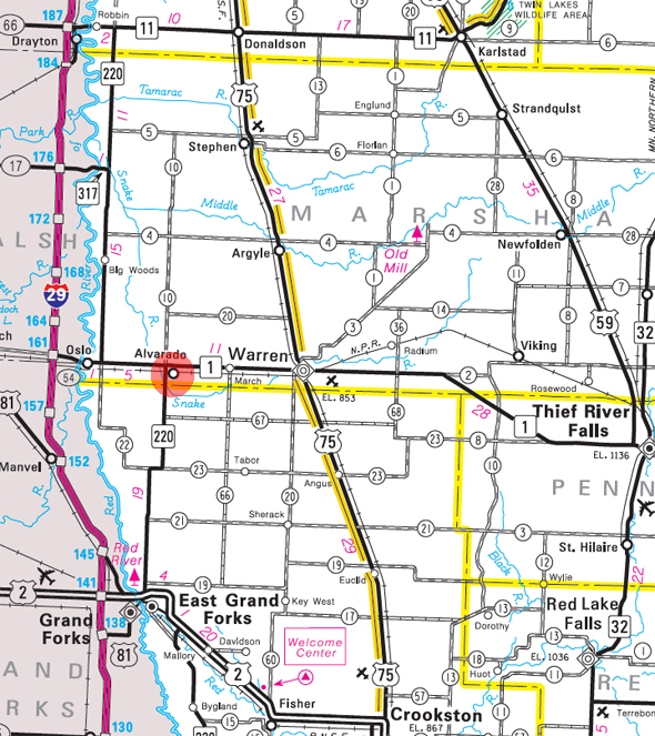 Minnesota State Highway Map of the Alvarado Minnesota area 
