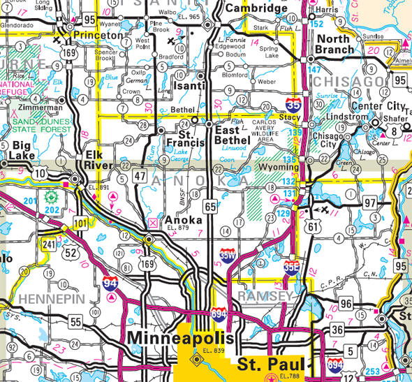 2018 Minnesota DOT highway map of the Anoka County Minnesota area
